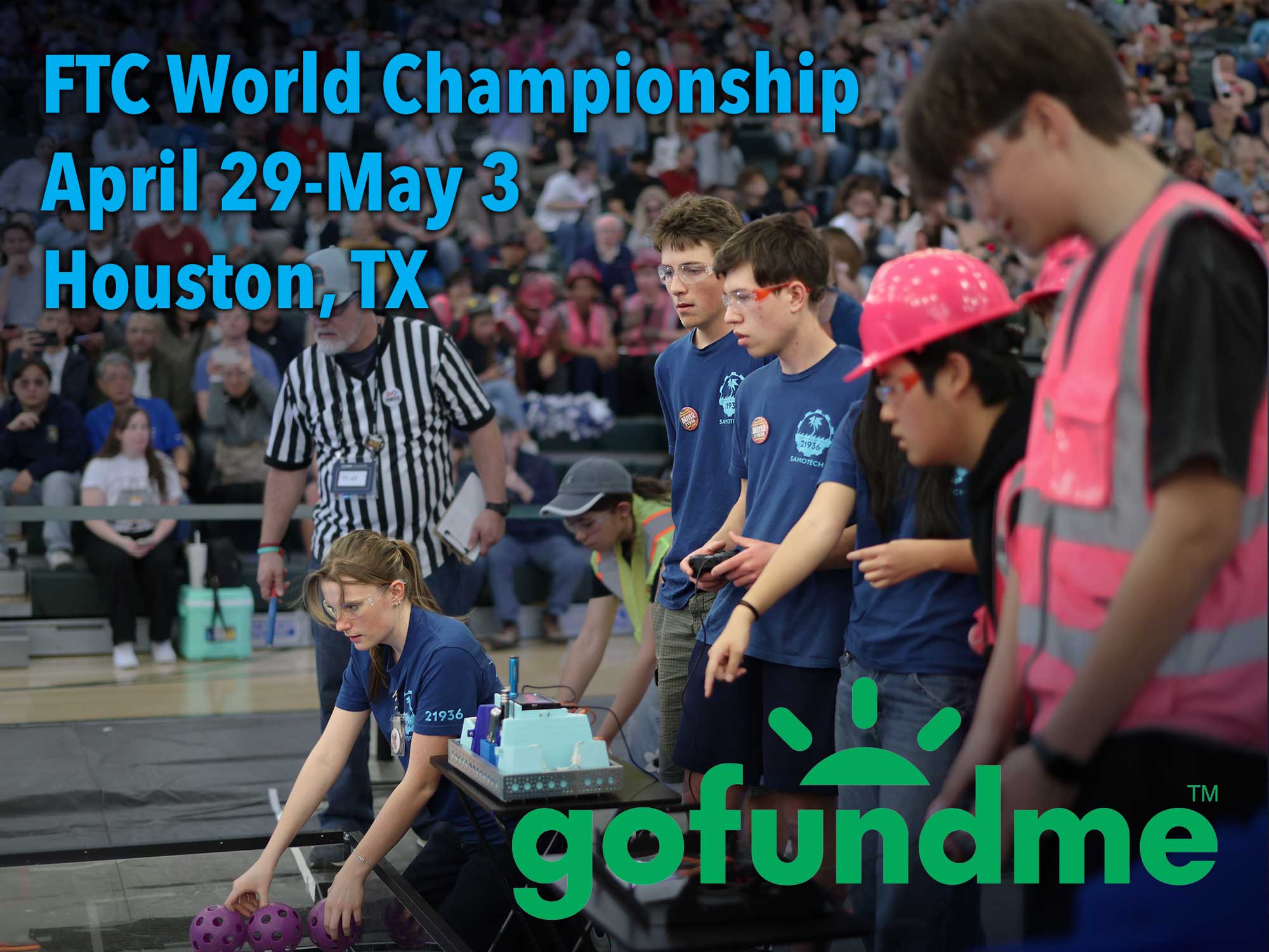 SaMoTech students competing with World Championship text and a GoFundMe logo.