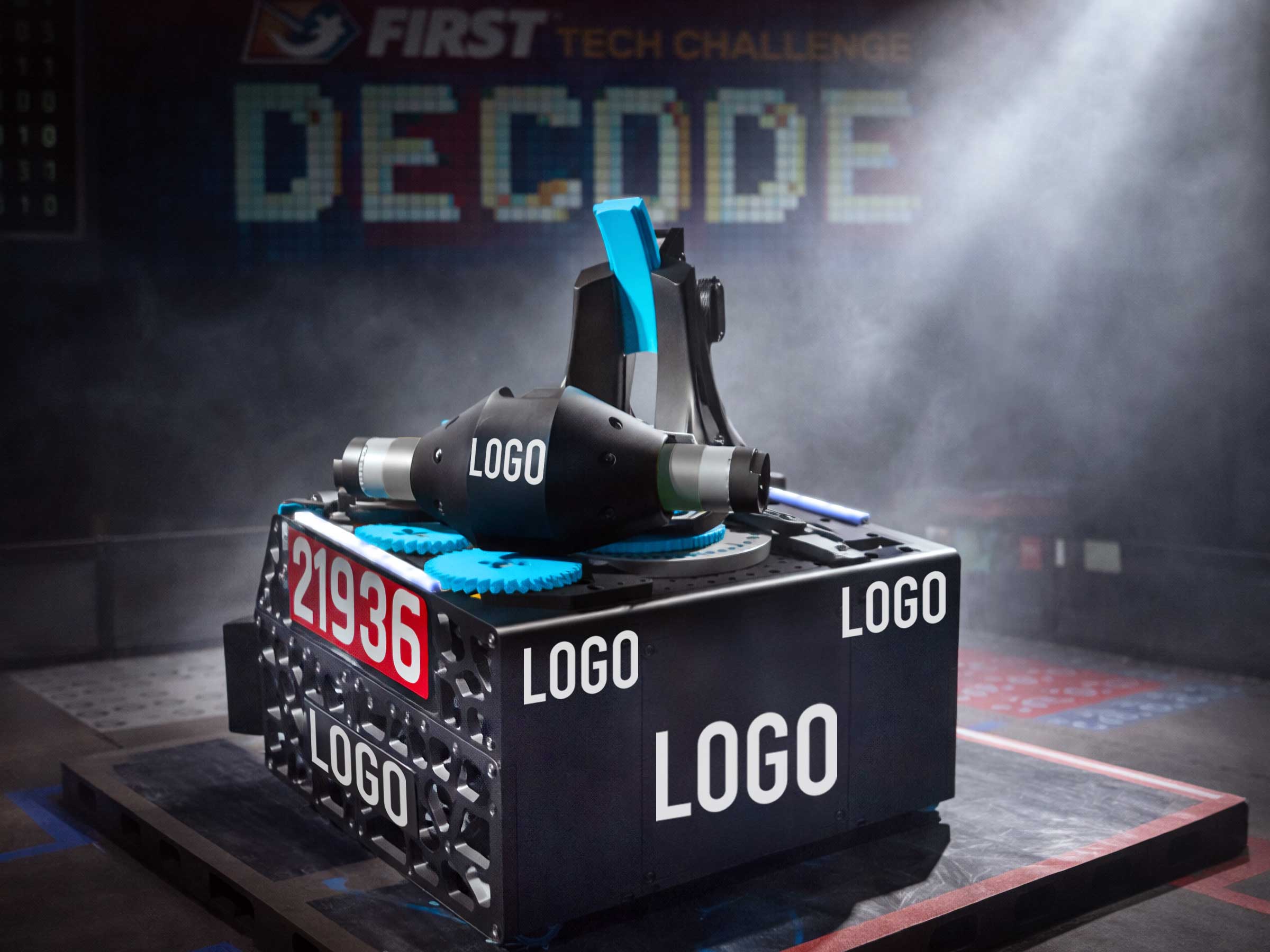 SaMoTech robot sponsorship mockup with logo placement areas.